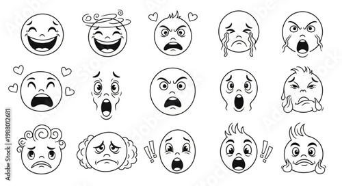Collection of Diverse Emoji Faces Expressing Various Emotions Hand Drawn Style.