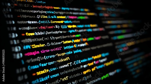 A close-up of colorful programming code displayed on a dark screen, highlighting the intricate details of modern software development, coding, and algorithm design.