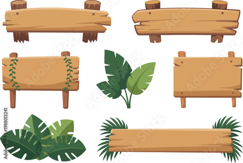 Wooden Signboards with Tropical Leaves Isolated on White Background