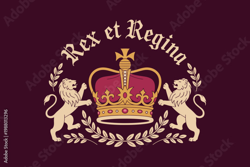 Royal Crown with Lions and Laurel Wreath Rex et Regina Emblem