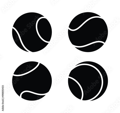 Four Black Silhouette Tennis Balls on White Background