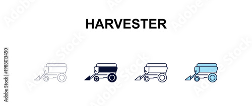 harvester multi-style outline icon set - farming and gardening concept. Thin line, regular, filled, colored harvester icon