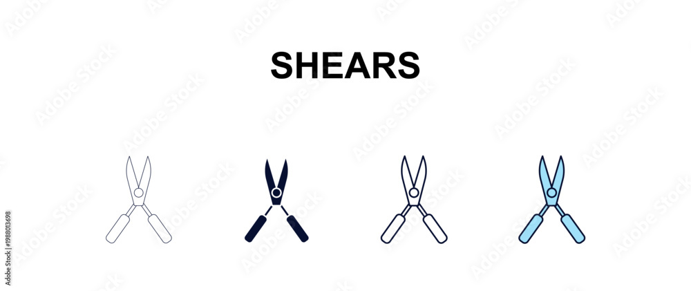 Fototapeta premium shears multi-style outline icon set - farming and gardening concept. Thin line, regular, filled, colored shears icon