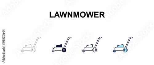 lawnmower multi-style outline icon set - farming and gardening concept. Thin line, regular, filled, colored lawnmower icon