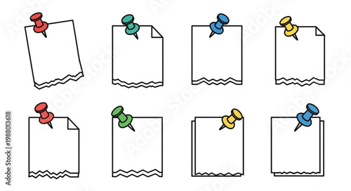 Collection of eight blank paper notes pinned with colorful pushpins.