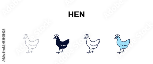 hen multi-style outline icon set - farming and gardening concept. Thin line, regular, filled, colored hen icon
