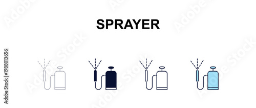 sprayer multi-style outline icon set - farming and gardening concept. Thin line, regular, filled, colored sprayer icon