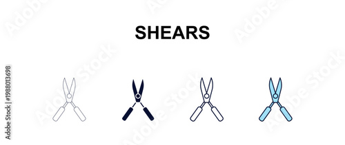 shears multi-style outline icon set - farming and gardening concept. Thin line, regular, filled, colored shears icon
