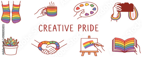 Doodle people hands hold flowers, heart love symbols, megaphone and flag with lgbt rainbow. Pride month celebration against violence, discrimination, human rights violation support banner, placard.