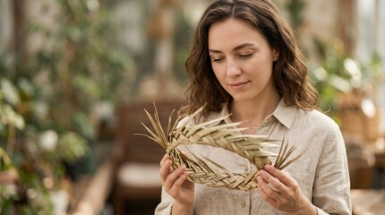 Woman examines wheat in a garden with various plants around her