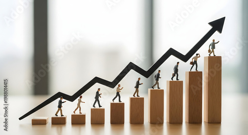 Miniature figures ascend a growing bar graph, symbolizing business success and career advancement journey
