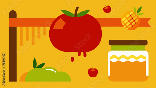 Hand-drawn illustration of a large juicy red apple with smaller apples