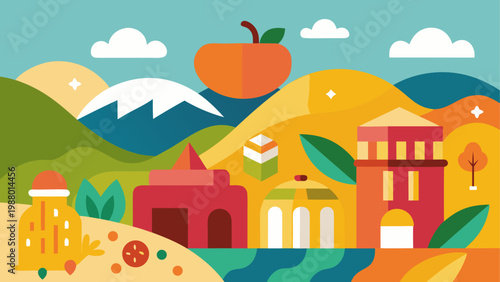 Colorful illustration of a village with houses and trees
