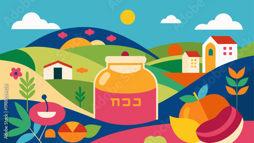 Colorful cartoon landscape with hot air balloons and windmills