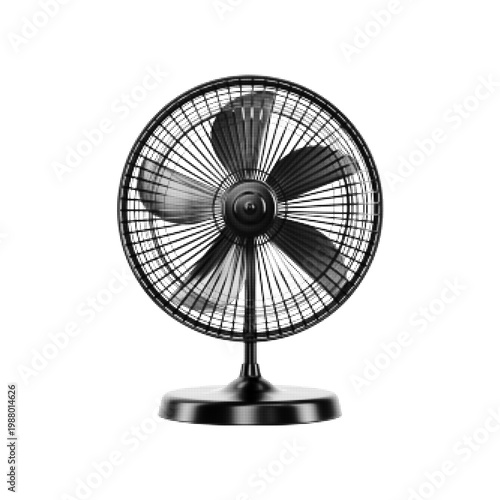 Electric desk fan isolated on white background, monochrome illustration of cooling appliance, airflow and ventilation concept, home or office equipment.