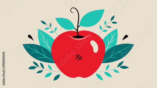 Red apple with a single green leaf and a white heart cutout