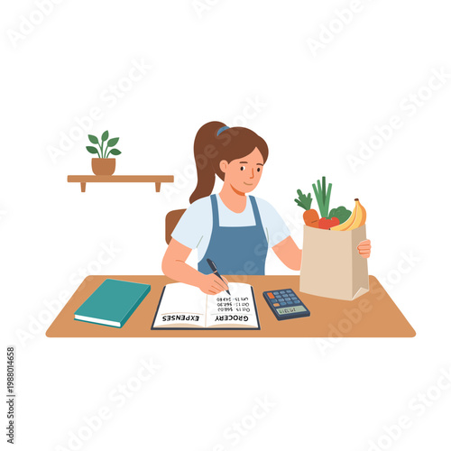 Woman sitting at a desk writing in a notebook with a grocery bag and calculator