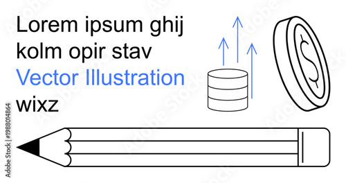 Finance, education, monetary growth, creativity, business planning, graphic visualization. Pencil, coins arrows and dollar symbol . Finance and education highlighted