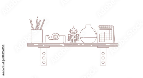 A simple line drawing depicts a shelf with office supplies and a small robot