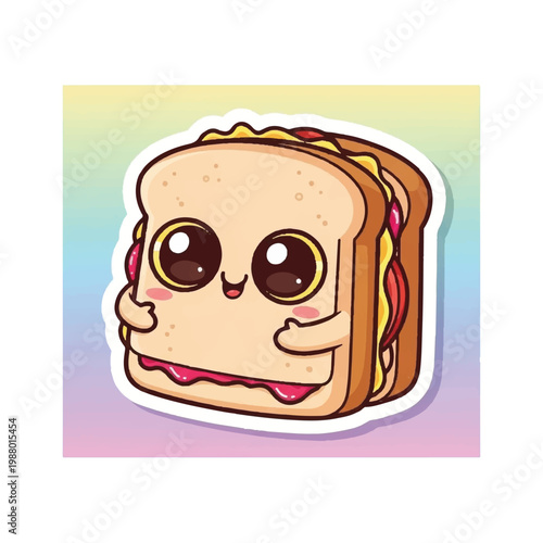 Cartoon sandwich with smiling face.