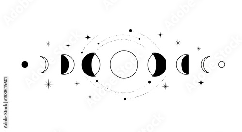 Celestial moon phases with stars and dots minimalist illustration