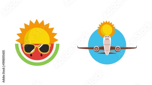 Summer Watermelon Sunglasses And Airplane Travel. Summer Icon concept. Full length Icon animation illustration. High quality 4k footage
