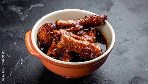 Glistening Braised Chicken Feet Served in a Ceramic Bowl