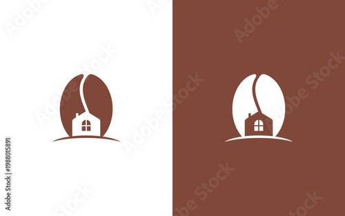 Coffee House Logo Design with Coffee Bean and Home Silhouette for Cafe and Bakery Branding