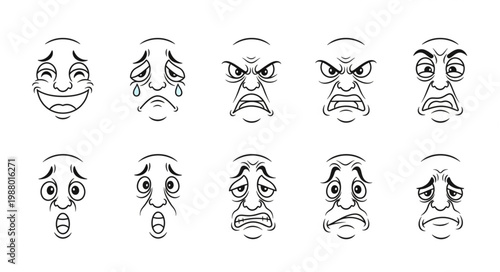 Collection of Hand Drawn Cartoon Faces Expressing Various Emotions.
