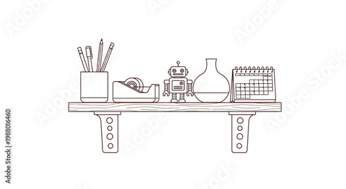 A simple line drawing depicts a shelf displaying a robot stationery and decorative objects