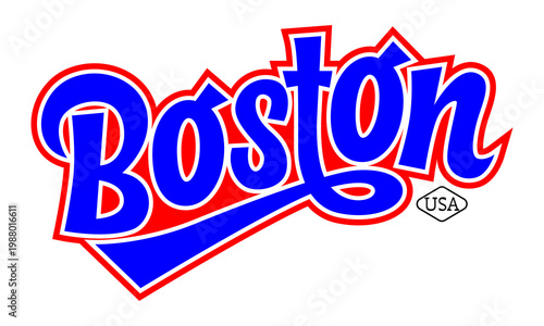 A vibrant, vintage-style 'Boston USA' logo featuring bold blue cursive lettering with a thick red and white outline and a dynamic swoosh underline.