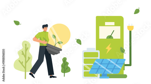 Green energy and recycling concept with modern characters promoting eco friendly lifestyle and clean environment awareness