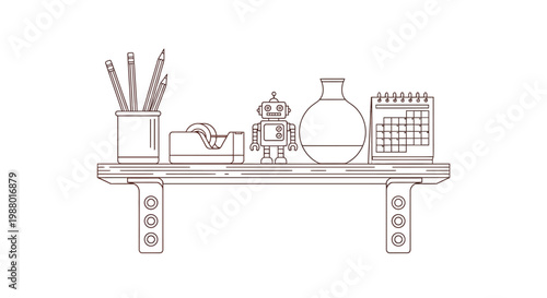 A simple line drawing depicts a shelf with various office and decorative items
