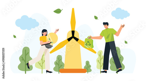 Eco awareness campaign showing people working together to maintain clean environment and sustainable future lifestyle