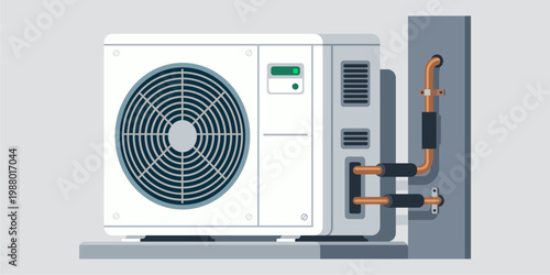 Outdoor Residential Heat Pump with Professional Piping System - Flat Vector Illustration for Green Energy Solutions