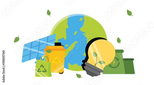 Save the earth concept with people reducing waste, using renewable energy, and caring for environment in clean vector style