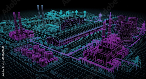 Digital 3D Futuristic Cityscape Wireframe Neon Glow.
