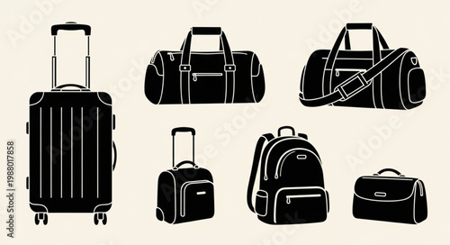 Collection of black travel bags and luggage on a light background.