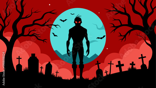 Silhouette of a person standing under a glowing full moon at night