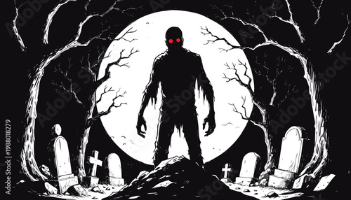 Silhouette of a person standing under a large twisted tree at night