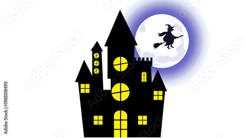Haunted castle at night with witch flying on broomstick
