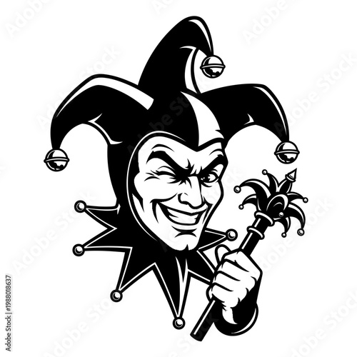 Jester Character Winking Holding Scepter - Black and White Illustration