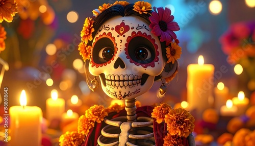 Colorful Sugar Skull Surrounded by Candles.