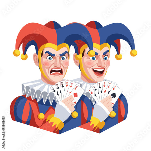 Two Jester Faces With Playing Cards, One Angry, One Happy