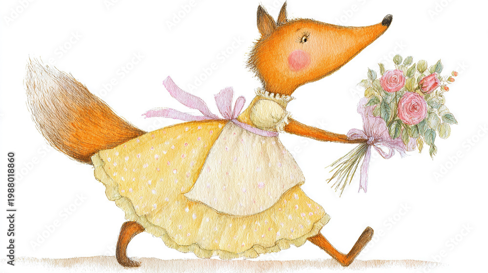 Obraz premium Fox in a Yellow Dress Holding Pink Roses