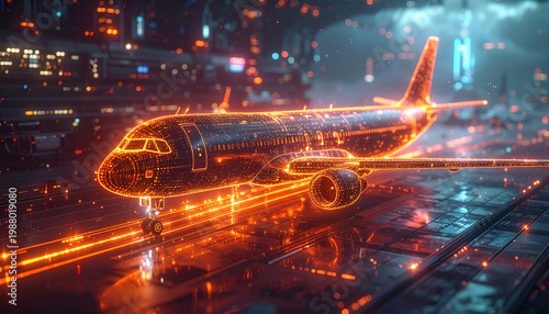 Digital Airplane in a Cyber City: A modern airplane is illuminated with neon lights, set against a backdrop of a futuristic cityscape.