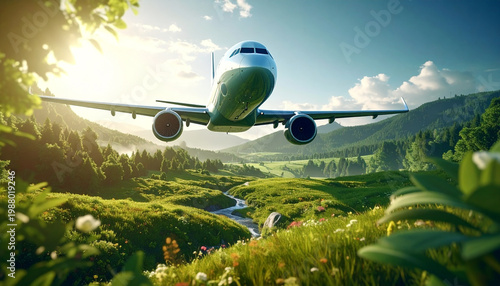 Soaring High: An airliner gracefully ascends above a vibrant, green landscape. Experience the thrill of flight as the aircraft merges with the beauty of nature.