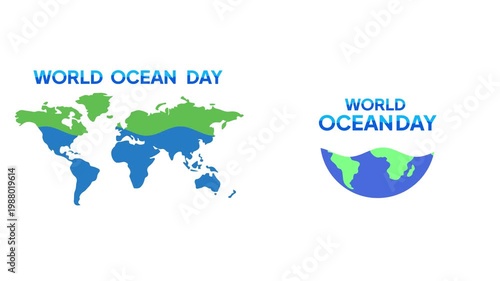 World Map Celebrating World Ocean Day.World Ocean day Icon concept. Full length Icon animation illustration. High quality 4k footage
