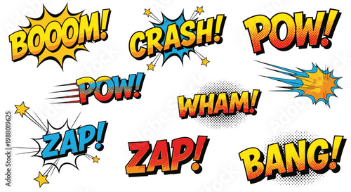 Collection of colorful comic book sound effects on white background