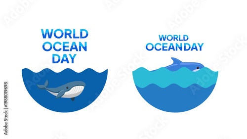 Whale Swimming Ocean World Ocean Day.World Ocean day Icon concept. Full length Icon animation illustration. High quality 4k footage